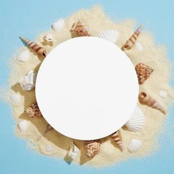 Round frame made of white sand and various white and brown shells on a light  Stock Photos
