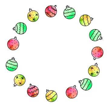 Round frame is made of Xmas tree balls. New Year and Christmas wreath, backgr Stock Illustration