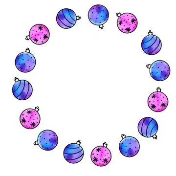 Round frame is made of Xmas tree balls. New Year and Christmas wreath, backgr Illustrazione stock