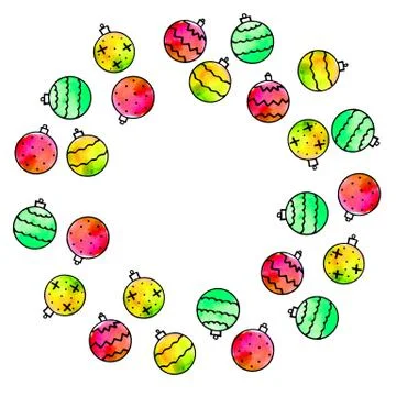 Round frame is made of Xmas tree balls. New Year and Christmas wreath, backgr Stock Illustration