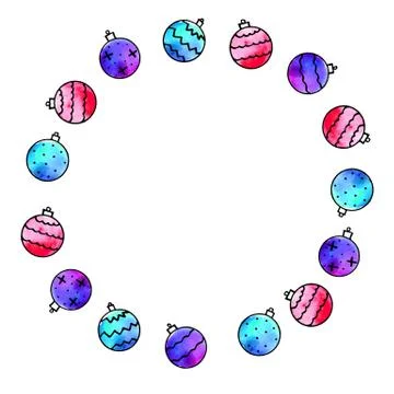 Round frame is made of Xmas tree balls. New Year and Christmas wreath, backgr Stock Illustration