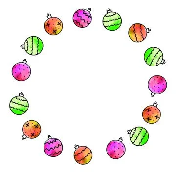 Round frame is made of Xmas tree balls. New Year and Christmas wreath, backgr Stock Illustration