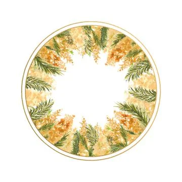 Round frame with Mimosa branches on the inner edge on a white isolated Illustrazione stock