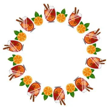Round frame mulled wine and oranges. Wreath of glasses filled with red drink Stock Illustration