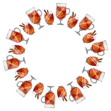 Round frame mulled wine. Wreath of different glasses with red drink Illustrazione stock