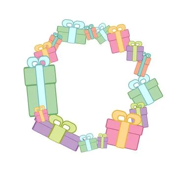 Round frame. multi colored gifts. flat style Stock Illustration