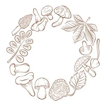 Round frame of mushroom, leaf and twig. Autumn botanical line art style wreath Stockillustratie