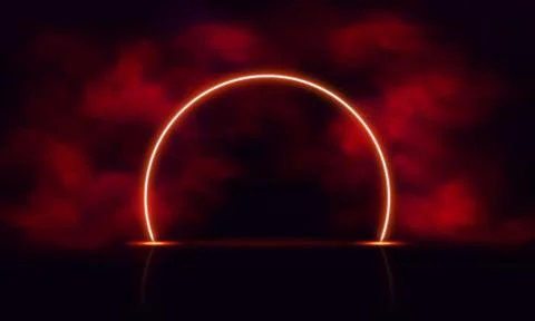 Round frame, neon, glowing, with red smoke effect and reflection on black Stock Illustration