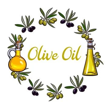 Round frame of olive branches and oil bottles with place for text Stock Illustration