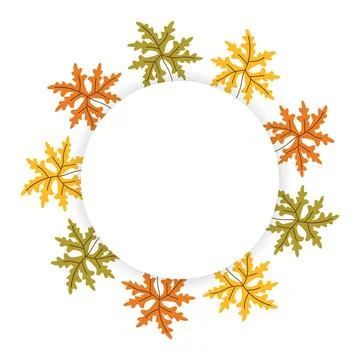 Round Frame with orange, green, yellow abstract leaves in hand drawn style... Stock Illustration