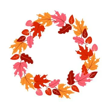 Round frame with orange, pink and yellow leaves. Bright autumn wreath with em Stock Illustration