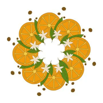 Round frame with oranges and leaves space for text Stock Illustration