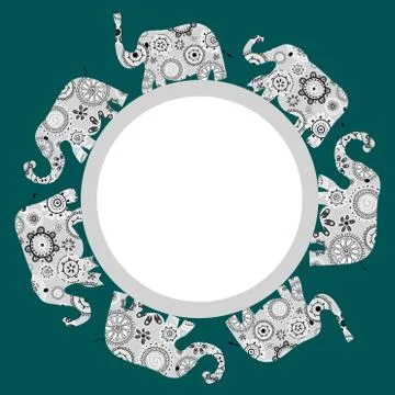 Round frame with ornamental patterned elephants Illustrazione stock
