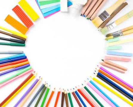 Round frame from pencils, felt-tip pens and paper Stock Photos