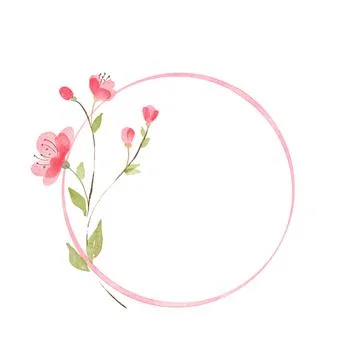 Round frame with pink flowers. Simple delicate background. Watercolor Stock-Illustration