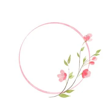Round frame with pink flowers. Simple delicate background. Watercolor Stock Illustration
