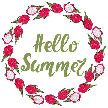 Round frame with pitaya, vector. Exotic tropical dragon fruit. Stock Illustration