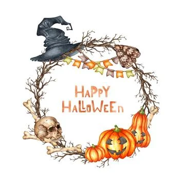 Round frame pumpkin bones hat watercolor 스톡 일러스트