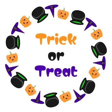 A round frame with a pumpkin, a witch's hat, and a cauldron. The words Trick Stock Illustration