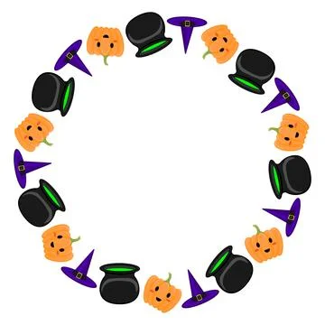 Round frame with a pumpkin, a witch's hat, and a cauldron. White background. Stock Illustration