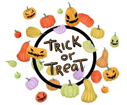 Round frame with pumpkins, decor for Halloween. Lettering Trick or treat. Vector Stock Illustration