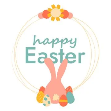 Round Frame Rabbit with Eggs and Flowers. Doodle children card with text Happy Stock Illustration