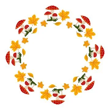 Round frame with red fly agaric mushroom with white dots and yellow maple leaves Stock Illustration