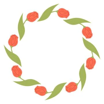Round Frame with Red Tulip. Festive Decoration Circle Border Card with Spri.. Illustrazione stock