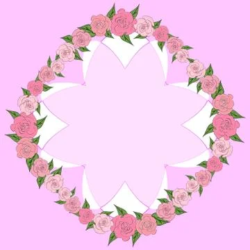 Round frame of roses with leaves of different sizes with space for text, insi 스톡 일러스트