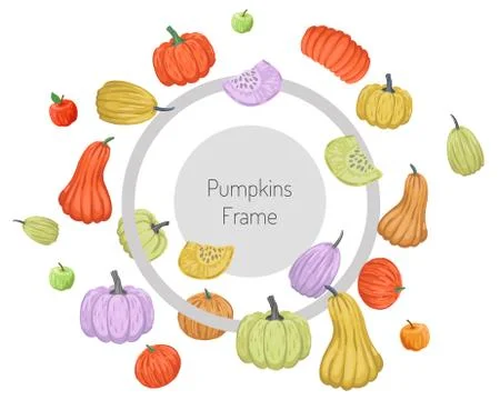Round frame with scattering of colored pumpkins. Vector illustration isolated on Stock Illustration