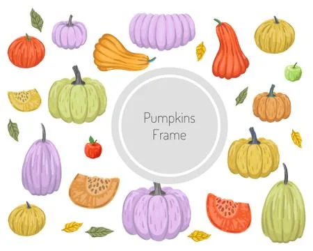 Round frame with scattering of colored pumpkins. Vector illustration isolated on Illustrazione stock