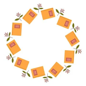 Round frame with school notebooks and autumn leaves. Flat vector illustration Stock Illustration