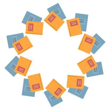 Round frame with school notebooks and autumn leaves. Flat vector illustration Stock Illustration