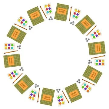 Round frame with school notebooks and autumn leaves. Flat vector illustration Stock Illustration