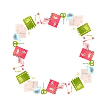 Round frame, school stationery. Notebook, scissors. Stock Illustration