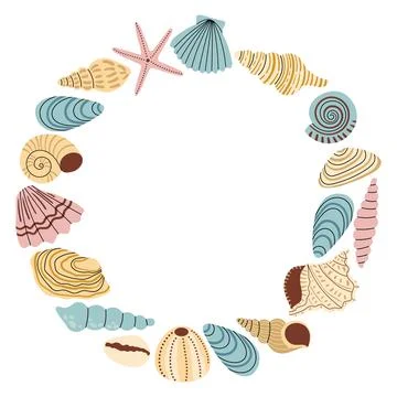 Round frame with sea shell in cute pastel color, traveling and vacation the.. Stock Illustration