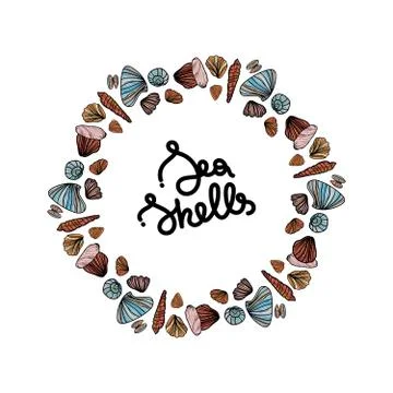 Round frame of sea shells, vector illustration. Stock Illustration