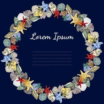 Round frame with seashells isolated on white. Stock Illustration