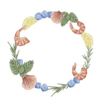 A round frame with shrimp, shells, lemon, mint, rosemary, and ice cubes. A .. Stock Illustration
