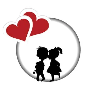 Round frame with silhouette of a boy and a girl kissing Stock Illustration