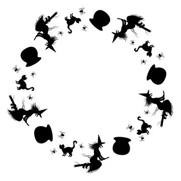 A round frame with silhouettes of a witch flying on a broomstick, a cauldron Stock Illustration