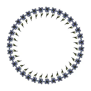 Round frame with simple blue flowers on white background. Vector image. Stock Illustration