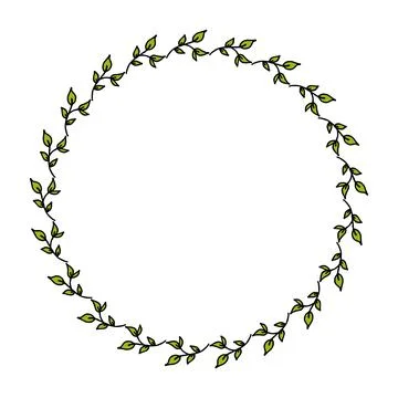 Round frame with simple hand drawn green branches on white background. Vector Stock Illustration