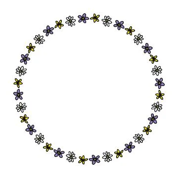 Round frame with simple white, yellow and violet flowers on white background. Stock-Illustration