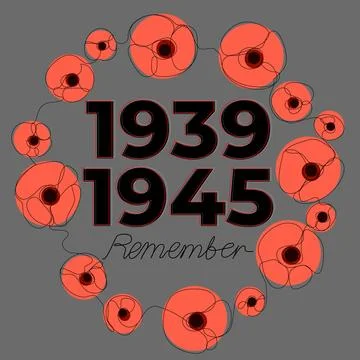 Round frame with single line poppies on a gray background. Memory of the Se.. Illustrazione stock