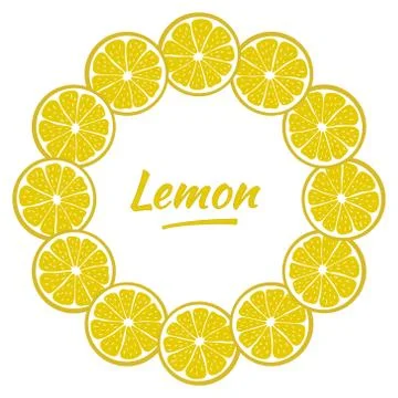 Round frame with sliced pieces of lemon . Bright wreath of citrus fruits Illustrazione stock