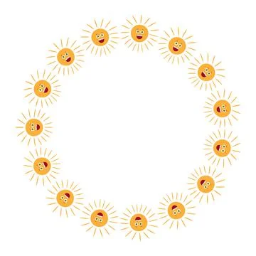 Round frame with smiling sun on white background. Vector image. Stock Illustration