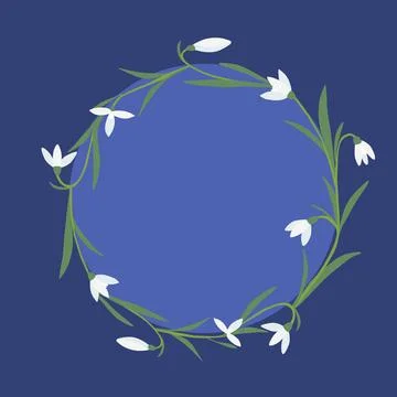Round frame with snowdrops spring flowers on blue background, place for text Stock Illustration