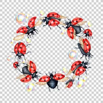 Round frame soap bubbles and ladybugs watercolor Stock Illustration