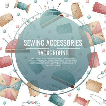 Round frame with spools of thread and a pincushion. Background with sewing ac Stock Illustration